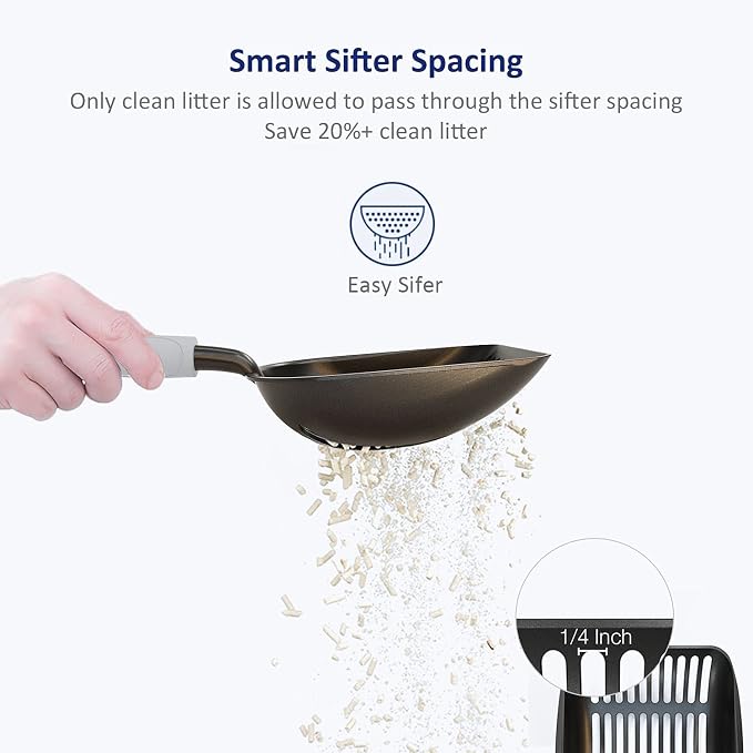 Cat Litter Scoop, Non-Stick Plated Aluminum Alloy Sifter, Kitty Durable Metal Scooper, Deep Shovel, Long Handle, Kitten Pooper Lifter, Size Large, Coated Black Body with Grey Handle