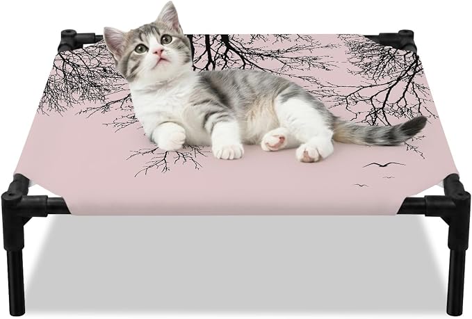 Outdoor Elevated Dog Bed for Small Dogs, Pink Black Branches Breathable Cooling Raised Dog Cot for Indoor/Outdoor, Botanical Dead Tree Birds Waterproof Elevated Pet Beds, S 20 x 20 in