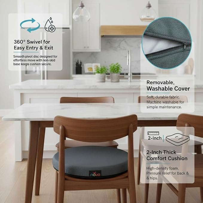 NOVA Padded Swivel Seat Cushion 360° Rotating Car Mobility Aid – Easy Entry & Exit for Chair, Auto, Home – Hip & Back Pressure Relief – Non-Skid Base, Washable Cover