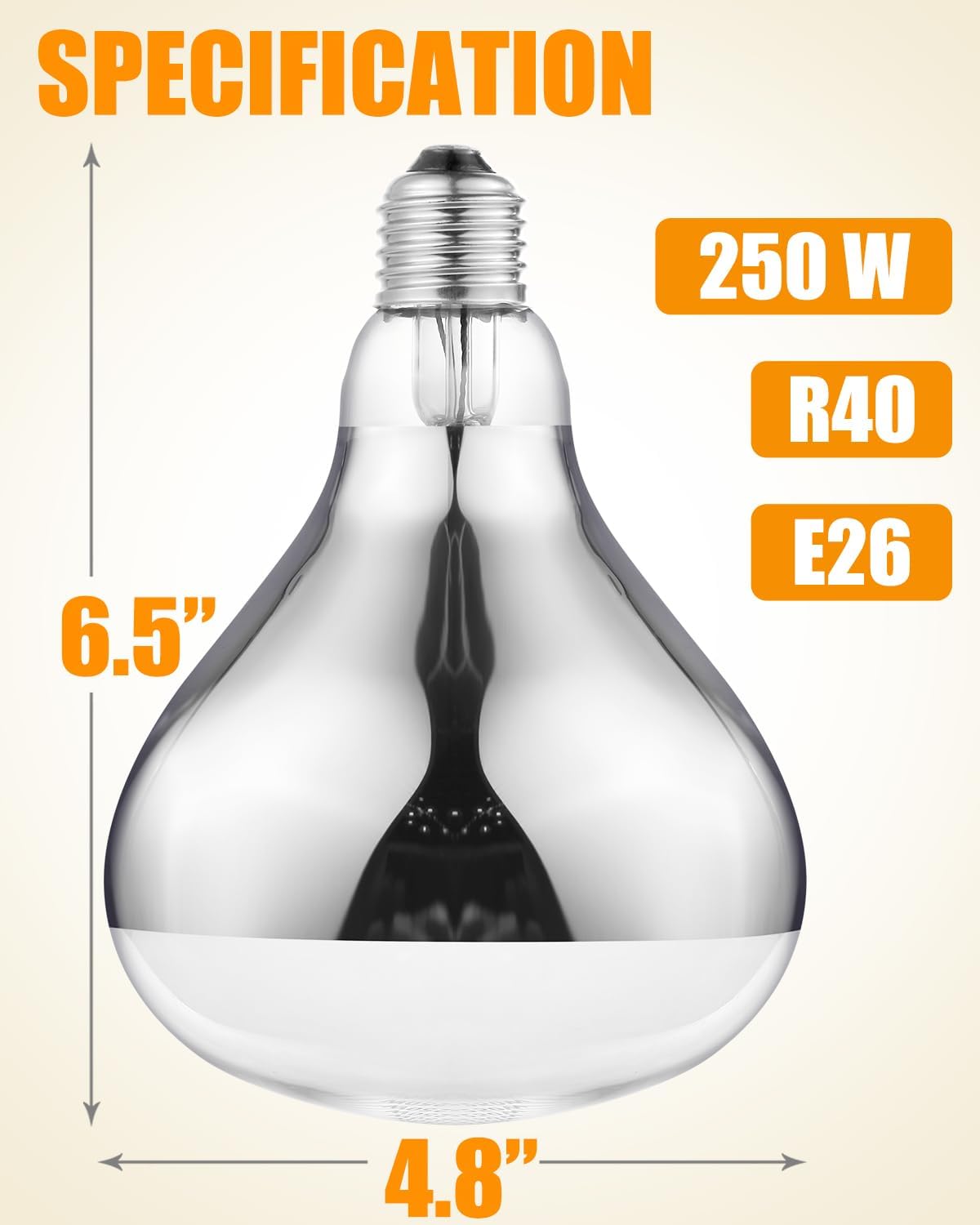 250W Heat Lamp Bulbs, 8000 Hours Rated, R40 Bathroom Shower Incandescent Light Bulb, Infrared Heating for Chickens, Reptiles, Pets, Food, E26 Base, 2 Pack