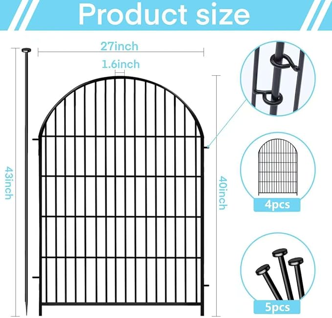 Okaygardn Tall Garden Fence with Gate, 4 Panels Fences for Dogs Outside, 40 in(H)x8.8 Ft(L) No Dig Animal Barrier Garden Fencing, Rustproof Metal Wire Temporary Rabbit Dog Fence for Yard Patio Outdoor