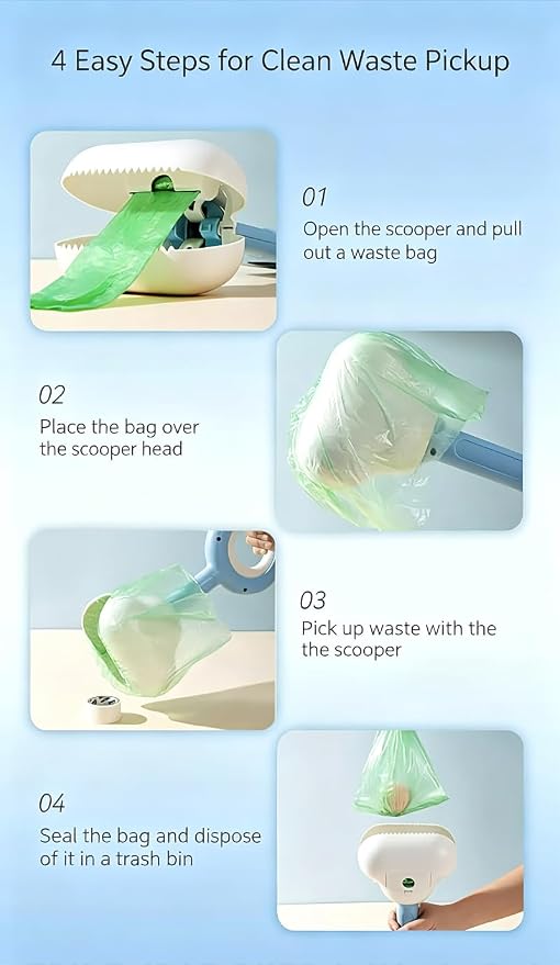 Long Handle Pooper Scooper for Dogs Cats Heavy Duty Pet Waste Pickup Tool(Blue,L 14.2×6.3''6 Rolls Poop Bags) | Spring-loaded tight jaw Dual-use scoop works for backyard lawns, sidewalks, kennels, and indoor litter boxes alike