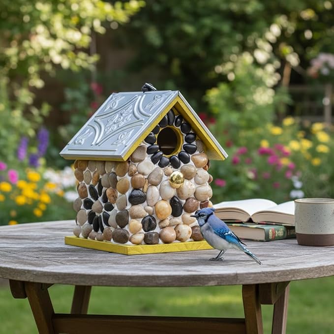 Masterpiece Bluebird Bird House for Outside Clearance, River Pebbles Cedar Bird House Bird Feeder for Outdoor, Hanging Birdhouse for Outside, Pole Mountable Birdhouse, 10 Yrs Lasting (Yellow)
