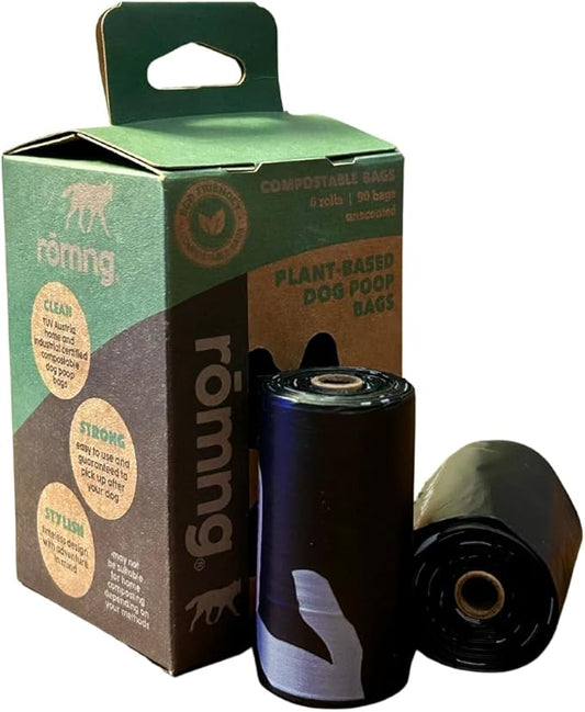 ROMNG Compostable Dog Poop Bags, Plant-Based, TUV Certified, Unscented, Leak-Proof, 6 Rolls, 90 Bags, Black