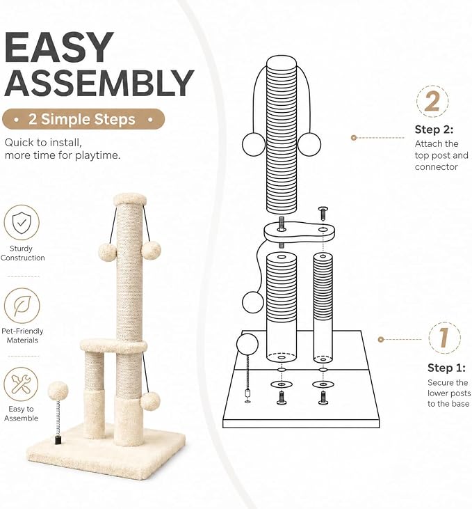 Dimaka Tall Cat Scratching Post, Double Lower Posts Extra Stable Cat Post Tree Scratcher with Sisal Rope and Teasing 4 Balls Total Large Base (Beige)