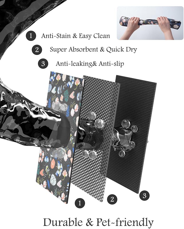 Pet Feeding Mat-Absorbent Dog Mat for Food and Water Bowl-No Stains Quick Dry Water Dispenser Mat-Dog Accessories Pet Supplies-Bowl for Messy Drinkers（DARKFLOWERS,12"x19"