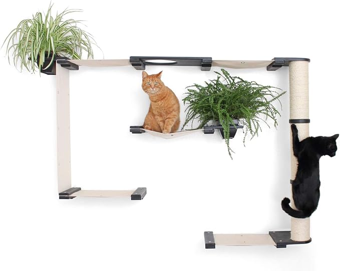 CatastrophiCreations Mini Garden - Multiple-Level Cat Hammock & Climbing Activity Center Wall-Mounted Cat Tree Shelves English Chestnut/Charcoal