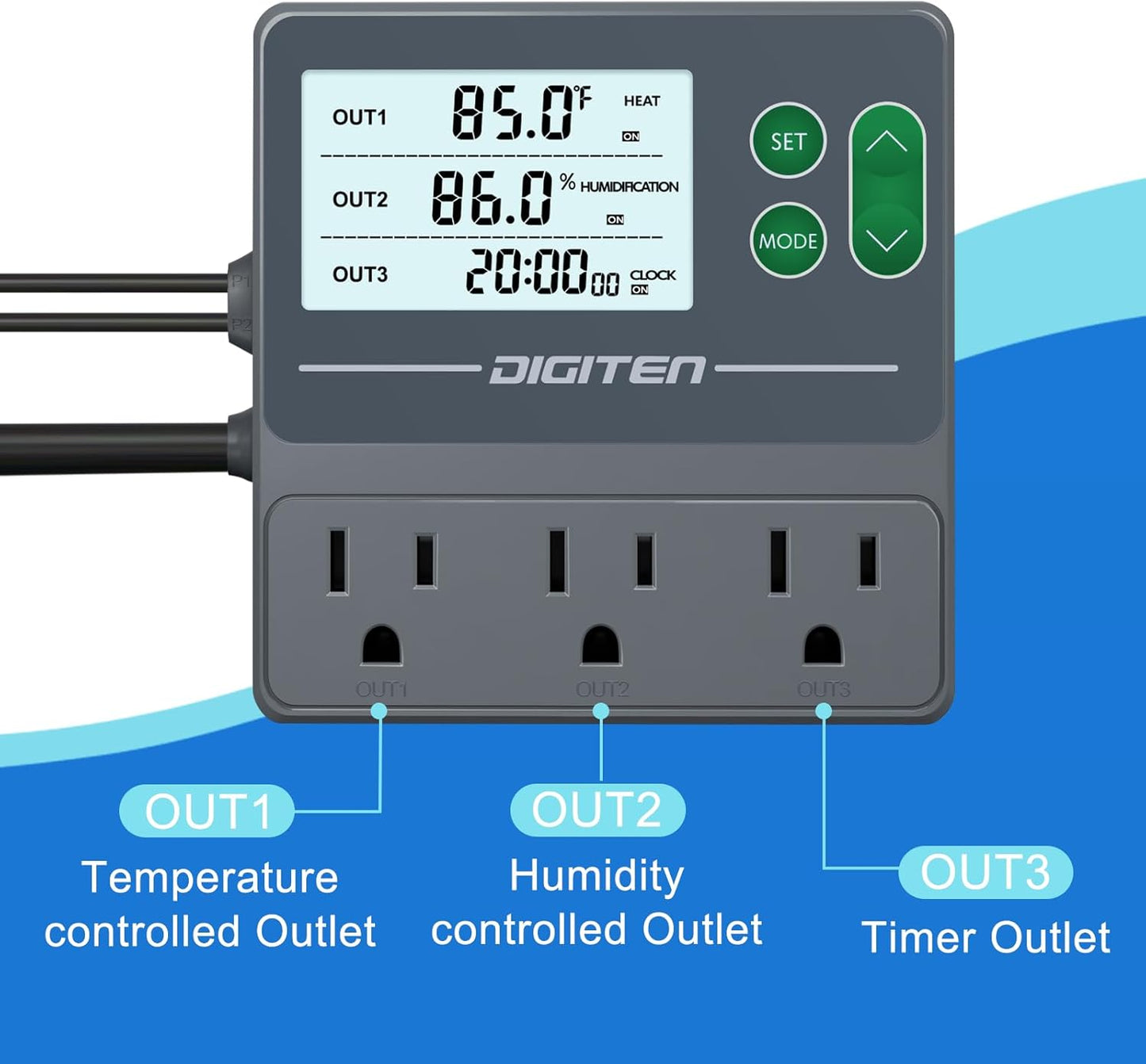 DIGITEN Temperature and Humidity Controller with Timer - 3 Outlet, 2 Separate Probes, Plug in Temperature Controller for Reptiles,Snake, Mushrooms, Tent, Triple Control for Temp,Humidity,Time