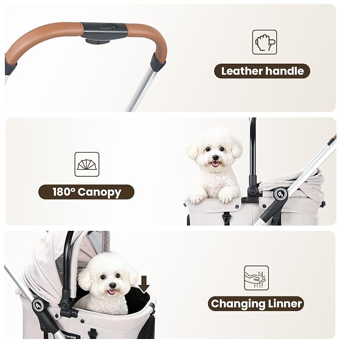 T3 Pro Small Dog Stroller (Beige) | Detachable Carrier, Aluminum Alloy Frame, Easy Assembly, Easy to Store, Larger Rear Wheel, Large Storage Basket
