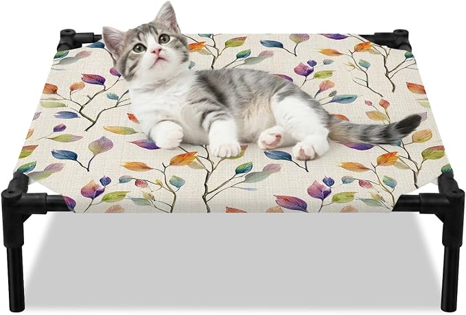 Outdoor Elevated Dog Bed for Small Dogs, Colorful Leaves Breathable Cooling Raised Dog Cot for Indoor/Outdoor, Farmhouse Branches Botanical Vintage Waterproof Elevated Pet Beds, S 20 x 20 in