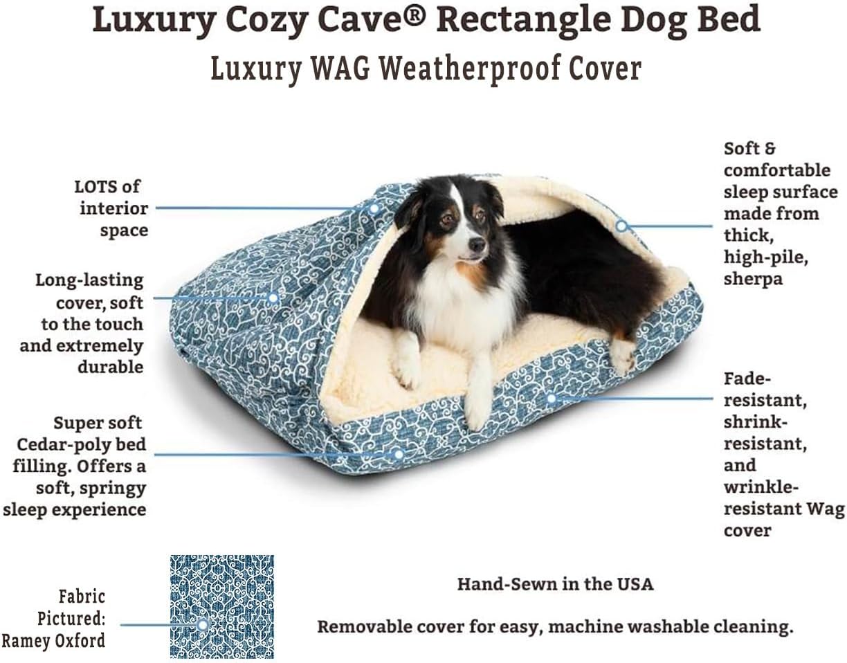 Snoozer Luxury Rectangle Cozy Cave Dog Bed - Indoor Dog Bed with Cover Cave, Covered Calming Burrow for Small & Medium Sized Pets with Blanket Attached, Enclosed, Washable -Medium, BarkelyBlackDiamond