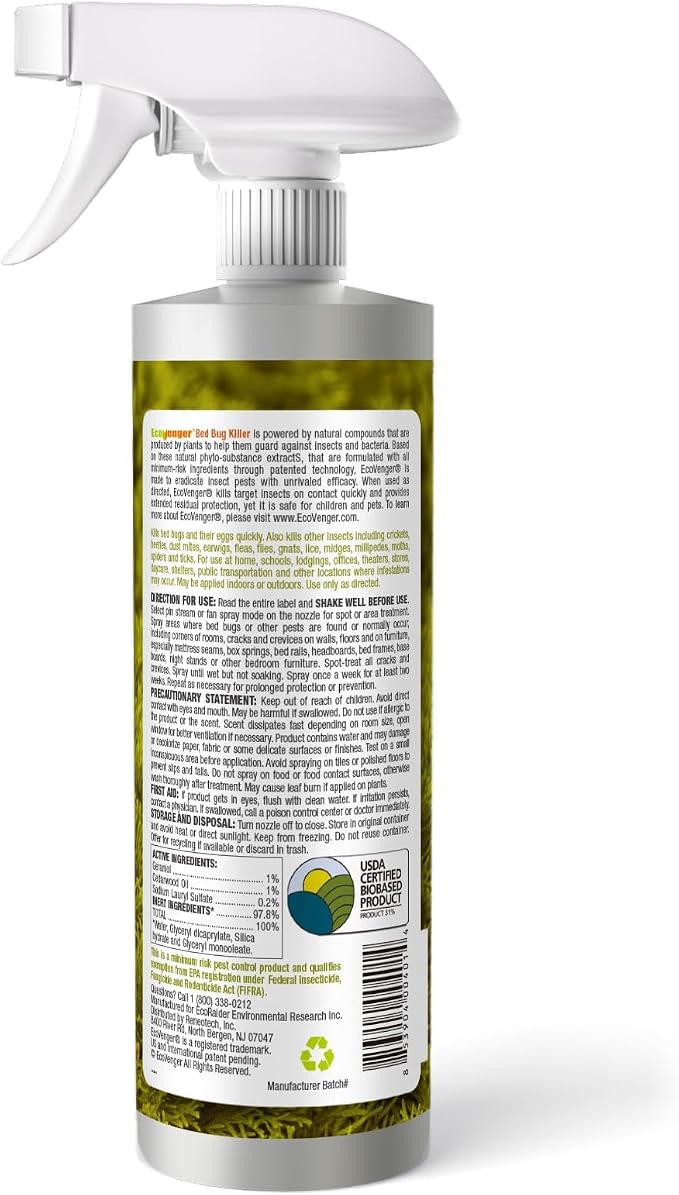EcoRaider Bed Bug Killer Spray 16 Oz, Green + Non-toxic, 100% Kill + Extended Protection
