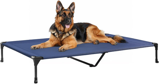 Veehoo Outdoor Elevated Dog Cot Bed, Cooling Raised Pet Bed for X-Large Dog, Washable Breathable Mesh Hammock Bed with No-Slip Feet, Indestructible Ground Off Training Platform Cot-49"x33" Blue