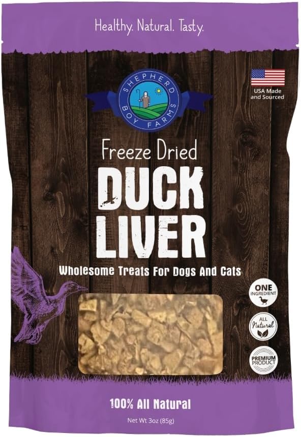 Shepherd Boy Farms Freeze Dried Dog and Cat Treats, Duck Liver, All Natural Single Ingredient Freeze-Dried Dog Treat & Snacks, Made in USA, High Protein, Essential Nutrition of Raw Food, 3oz