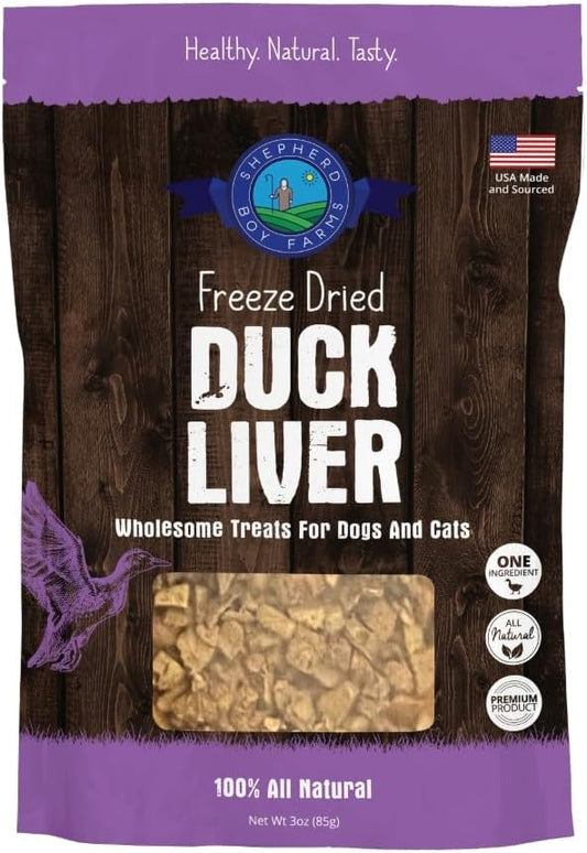 Shepherd Boy Farms Freeze Dried Dog and Cat Treats, Duck Liver, All Natural Single Ingredient Freeze-Dried Dog Treat & Snacks, Made in USA, High Protein, Essential Nutrition of Raw Food, 3oz