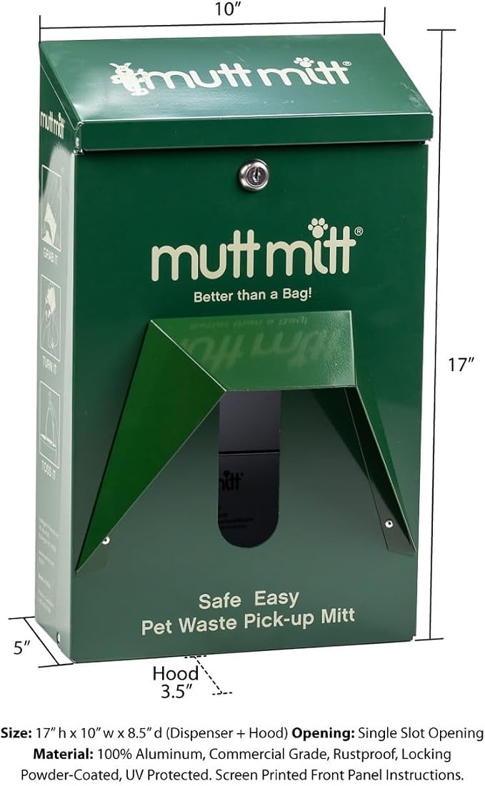 Mutt Mitt® Aluminum Dog Waste Bag Dispenser - No Bags (Green) | Rust-proof aluminum header bag dispenser, locking hood, fits all 5" header bags, 2 keys & mounting hardware included