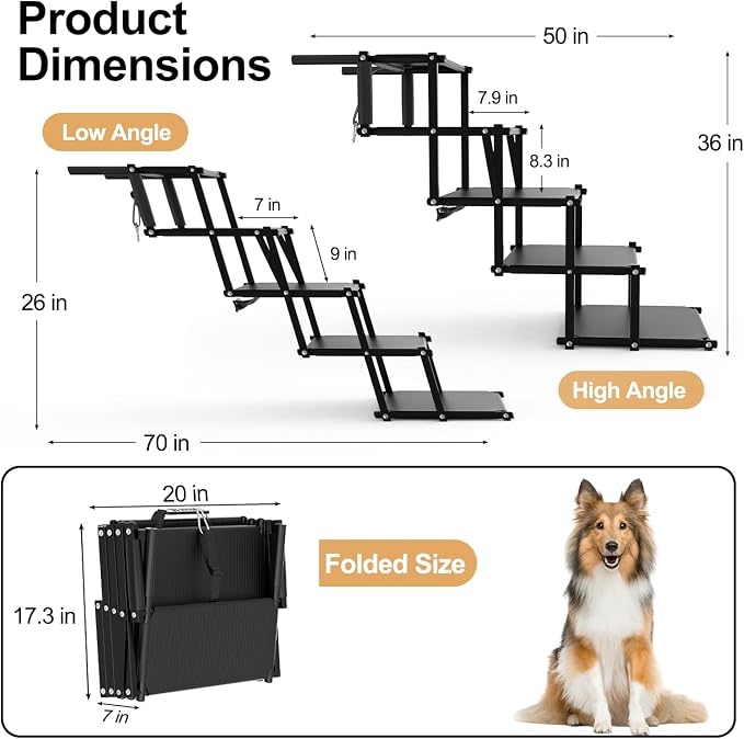 Extra Wide 20" Dog Stairs for Large Dogs, Dog Steps for Car 5 Steps | Foldable Dog Ramp for Car with Non-Slip Surface, Dog Stairs for Cars SUV High Beds Trucks, Portable Pet Stairs up to 250 lbs