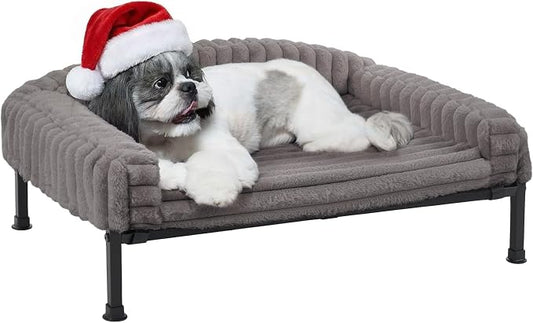 Veehoo Elevated Dog Bed with Bolster Cushion, Fluffy Plush Dog Couch Beds for Small Dogs, Cats, Washable Raised Pet Cot with Non-Slip Feet for Indoor or Patios Use, 30 x 20 Inches, Grey