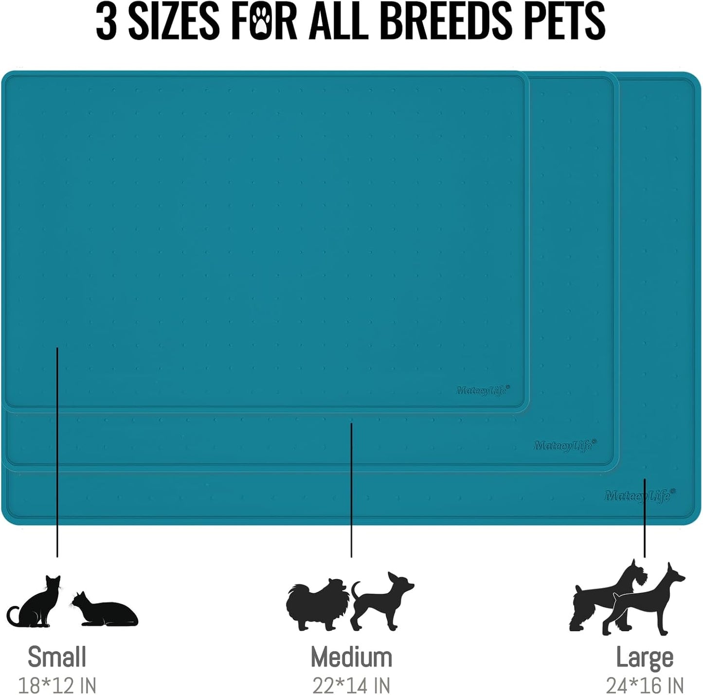 MateeyLife Dog & Cat Food Water Mat for Floors Waterproof, Nonslip Pets Bowl Feeding Mats with Raised Edges, Silicone Matt Tray for Messy Drinkers, 18"x12", Teal
