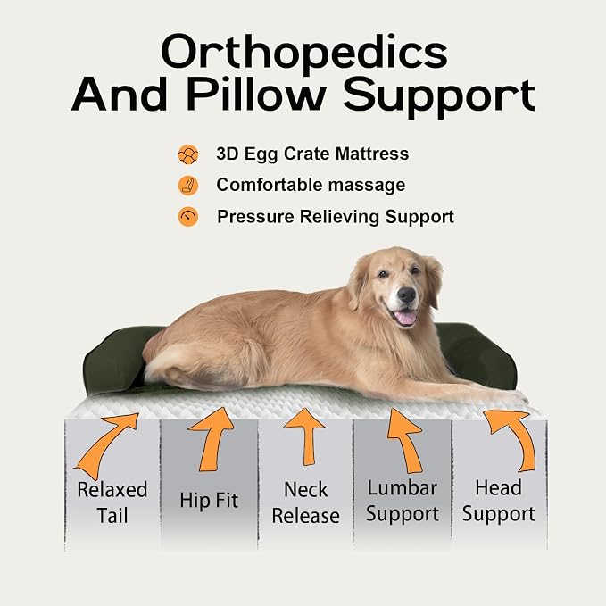 XXL Orthopedic Waterproof Dog Bed with Bolster for Extra Large Dogs | Pillow Support for Neck Relief, Egg Crate Foam, Waterproof Liner, Anti-Slip Bottom, Removable Bolster Cover, 45 x 35 Inch