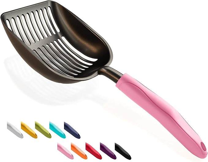 Cat Litter Scoop, Non-Stick Plated Aluminum Alloy Sifter, Kitty Durable Metal Scooper, Deep Shovel, Long Handle, Kitten Pooper Lifter, Size Large, Coated Black Body with Pink Handle