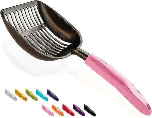 Cat Litter Scoop, Non-Stick Plated Aluminum Alloy Sifter, Kitty Durable Metal Scooper, Deep Shovel, Long Handle, Kitten Pooper Lifter, Size Large, Coated Black Body with Pink Handle