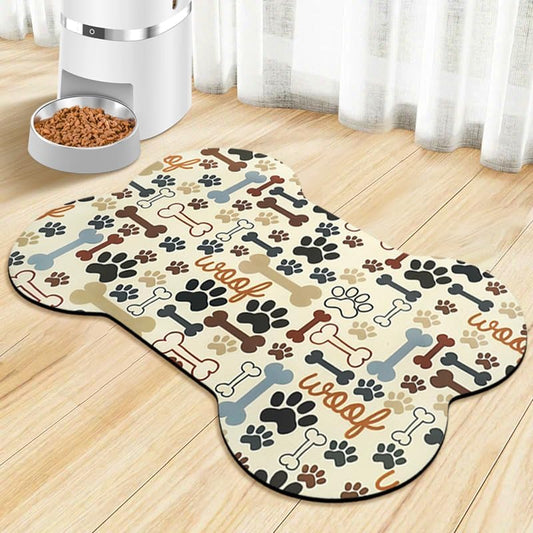 Dog Food Mats for Floors Waterproof, Pet Feeding Absorbent Water Bowl Mat Cat Placemats Beige Bone Shape 19 * 12 inch