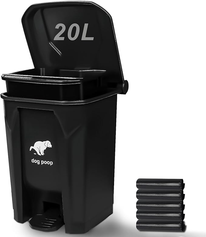 Dog Poop Trash Can Outside - 20L/5Gal Large Outdoor Trash Can with Lid | Outdoor Dog Poop Trash Can with 100 Bags, Pedal and Removable Inner Bin, Odor Control, Suitable for All Types of Dogs, Black