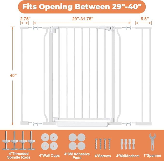 40" Extra Tall Baby Gate No Drilling, Auto Close Dog Gate, White | Indoor for Doorways & Stairs, Pressure Mounted 29"-40" Wide Pet Gate, Easy Walk Through Gate for Baby & Pet Stroller Friendly
