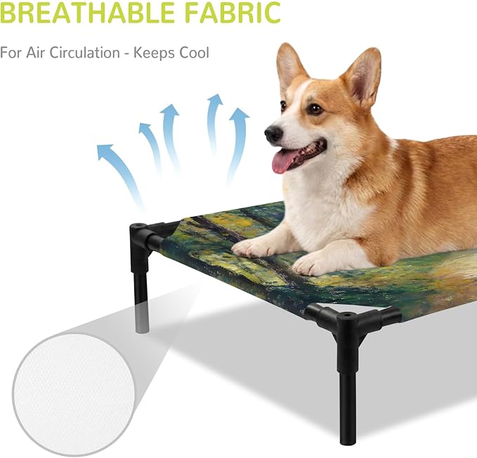 Outdoor Elevated Dog Bed for Large Dogs, Country Forest Breathable Cooling Raised Dog Cot for Indoor/Outdoor, Farmhouse Trees Plants Nature Scenery Waterproof Elevated Pet Beds, L 28 x 22 in