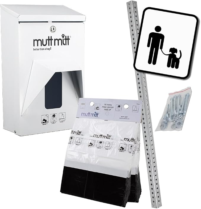 Mutt Mitt® Aluminum Mini Dog Waste Station - Gloss White | 2-Ply | Full-height aluminum station with sign, 400 header bags, locking dispenser, & post | install beside existing trash cans