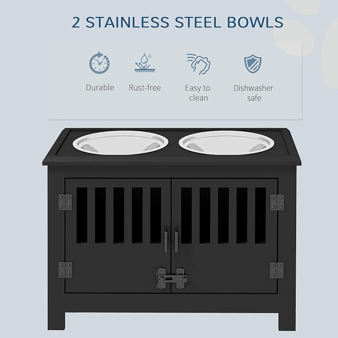 PawHut Large Elevated Dog Bowls with Storage Cabinet - 37L Capacity, Raised Dog Bowl Stand Feeding Station, Black | Raised Dog Bowl Stand Pet Food Bowl Dog Feeding Station