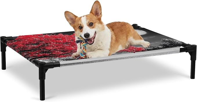 Outdoor Elevated Dog Bed for Large Dogs, Vibrant Red Tree Breathable Cooling Raised Dog Cot for Indoor/Outdoor, Glowing Moon Black Sky Waterproof Elevated Pet Beds, L 28 x 22 in
