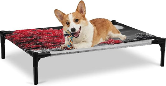 Outdoor Elevated Dog Bed for Large Dogs, Vibrant Red Tree Breathable Cooling Raised Dog Cot for Indoor/Outdoor, Glowing Moon Black Sky Waterproof Elevated Pet Beds, L 28 x 22 in