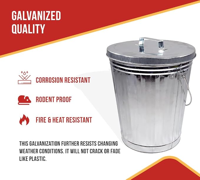 Mytee Products 4 Pack Galvanized Trash Can w/Lid Ideal for Trailers - 6 Gallon Steel Mounted Small Outdoor Garbage Can for Home, Office, Bathroom, Kitchen - Fire and Heat Resistant