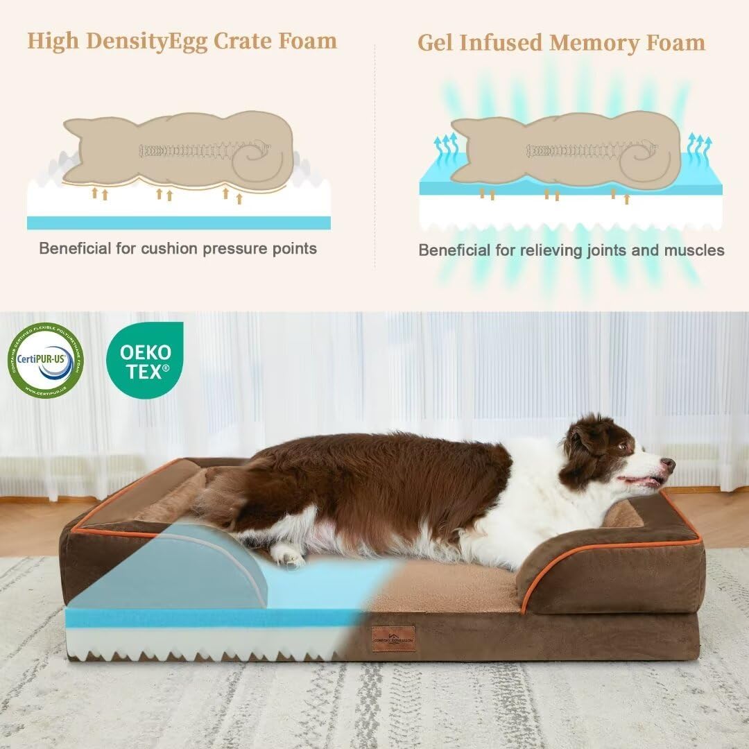 Comfort Expression Memory Foam Dog Beds, Washable Dog Bed Jumbo Breed, Orthopedic Dog Bed Waterproof Pet Sofa Couch with Bolster & Removable Cover(Jumbo,Khaki Brown)