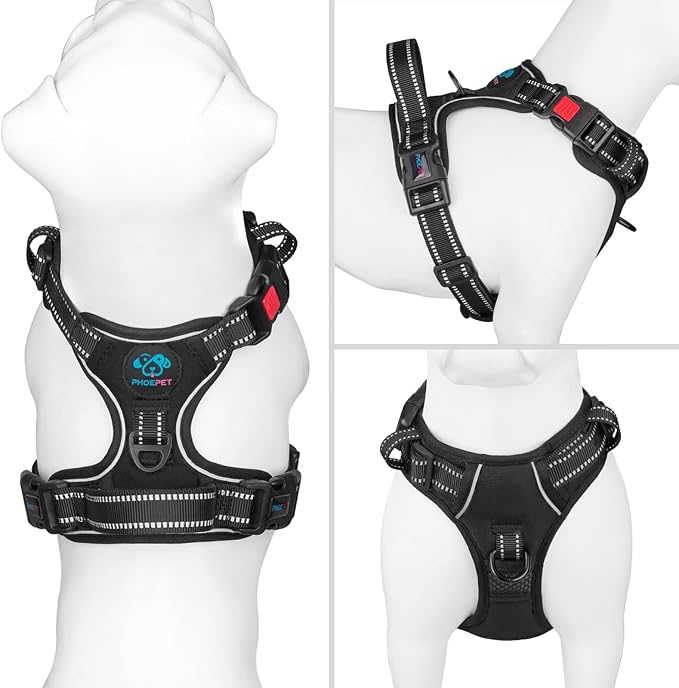 No Pull Dog Harness Medium Reflective Front Clip Vest with Handle | Adjustable 2 Metal Rings 3 Buckles ,[Easy to Put on & Take off](M, Black)