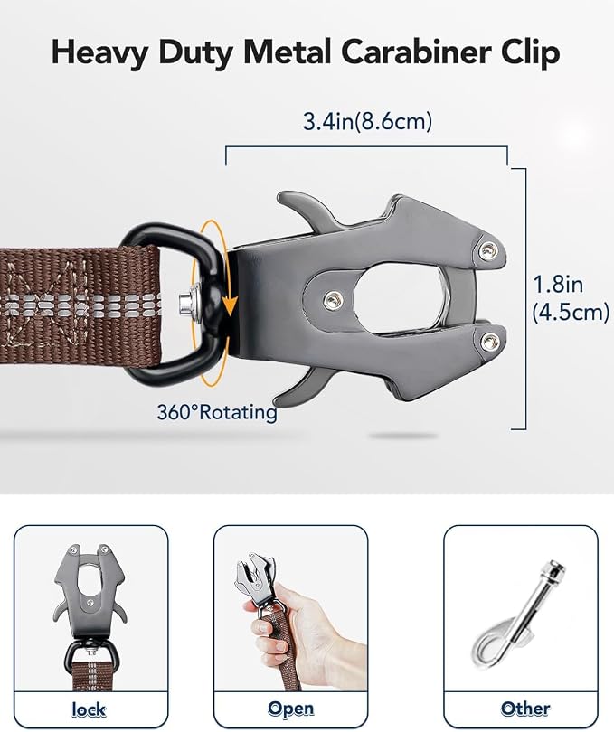 Joytale Tactical Bungee Dog Leash, Shock Absorbing No Pull, Brown | for Large Dogs That Pull, 2 Padded Handles for Control, Car Seatbelt Clip, Reflective for Night Safety, Metal Frog Clip