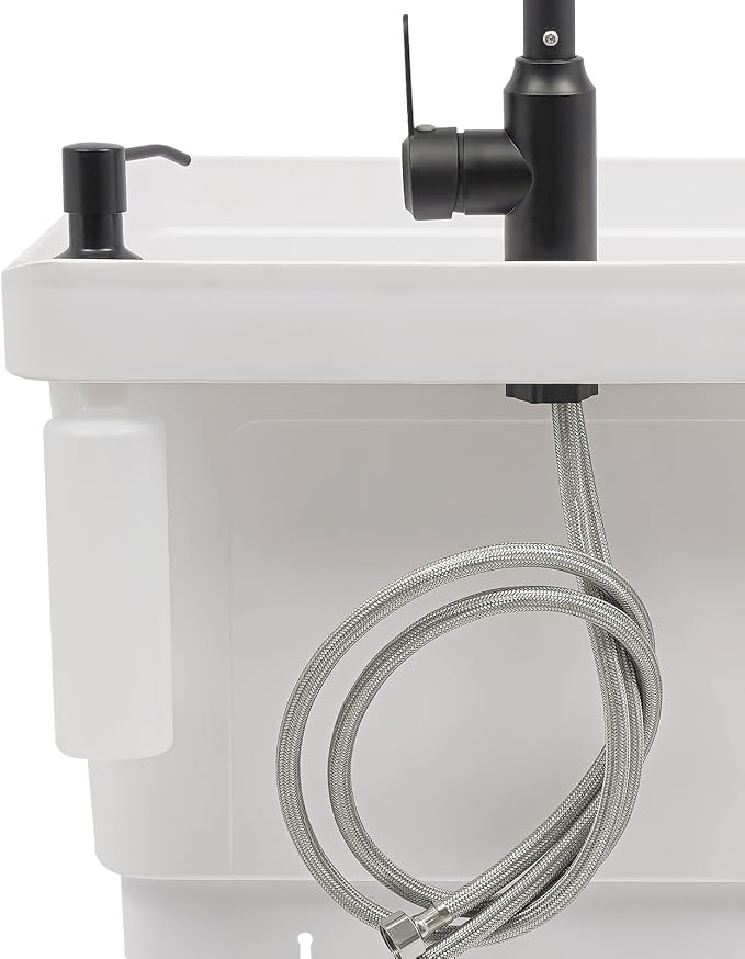 Tall Freestanding Plastic Utility Sink with Hose Hook Up White | 360° Rotating Hot and Cold Faucet, Built-in Soap Box and Soap Dispenser, Bottom Storage Rack, Four Iron Support Feet
