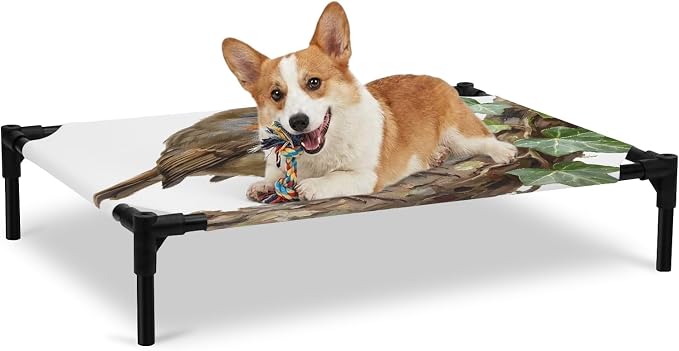 Outdoor Elevated Dog Bed for Large Dogs, Bird Breathable Cooling Raised Dog Cot for Indoor/Outdoor, Ivy Branch Animal Green Botanical Leaf Waterproof Elevated Pet Beds, L 28 x 22 in