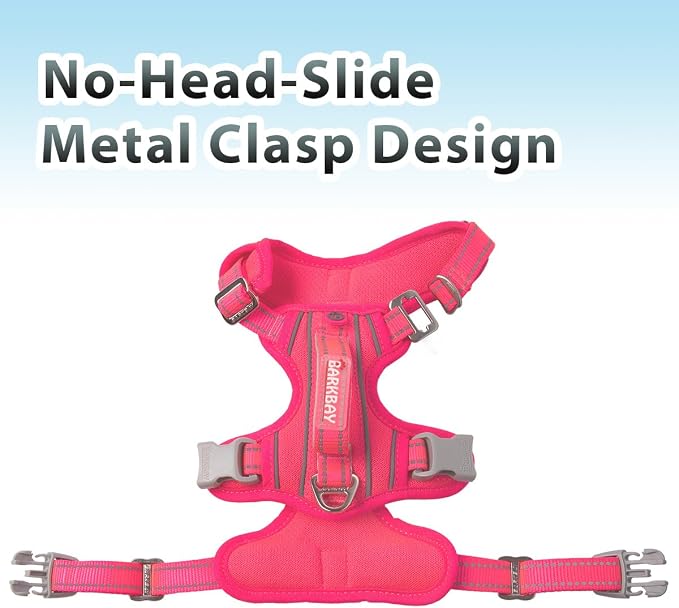 BARKBAY No Pull Dog Harness 3 Buckles Large Reflective Dog Harness with Front Clip and Easy Control Handle for Walking Training Running with ID tag Pocket(Pink,M)
