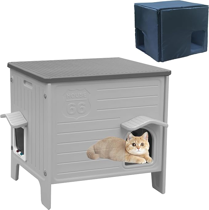 Plastic Cat House with Insulated Liner for Winter, Waterproof | with Escape Door, Outdoor Cat House for Feral Cats, Outside Cat Shelter for Small Pet, Assemble Easily
