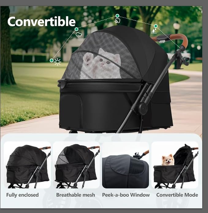 Pet Stroller for Small/Medium Dogs & Cats Up to 50 lbs, 4-Wheel One-Click Foldable Pet Stroller with Reversible Handle, Removable Pad, Cup Holder and Storage Basket (Black)