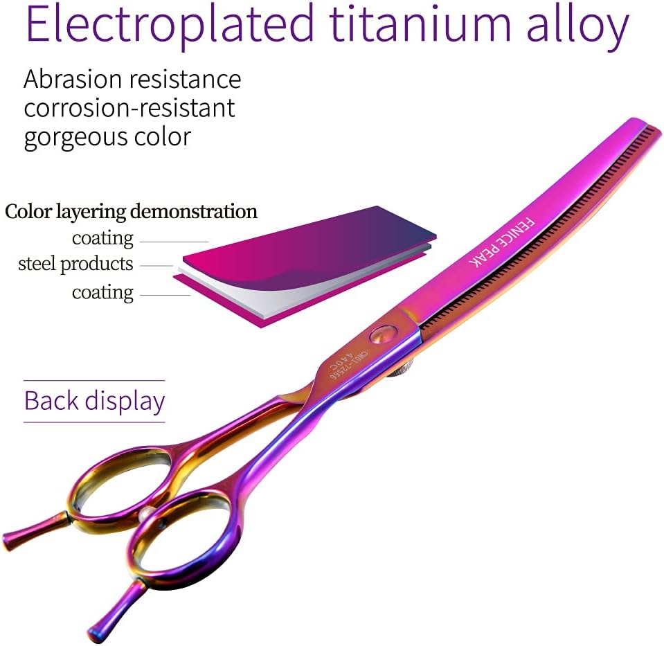 Fenice Peak Professional Dog Grooming Scissors Pet Curved Thinning Shears 7.0'' Extremely Sharp Blades 440C Thinning Scissors Durable Smooth Motion & Fine Cut for Dogs and Cats (Multicolored)
