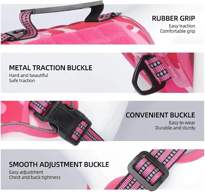Tactical Dog Harness with Leash for Large Dogs, No Pull Adjustable Dog Harness, Reflective K9 Working Pet Vest for Walking, Training (Fuchsia Camo, XL)