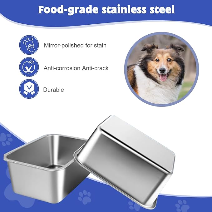 2 Gallon Large Dog Water Bowl, 2 Pack Stainless Steel Dog Bowls | 12.6 x 8.7 x 5.9 in Bowl Set, Food or Water Use, Indoor Outdoor Use, Wide Opening, Rounded Corners, Easy Rinse