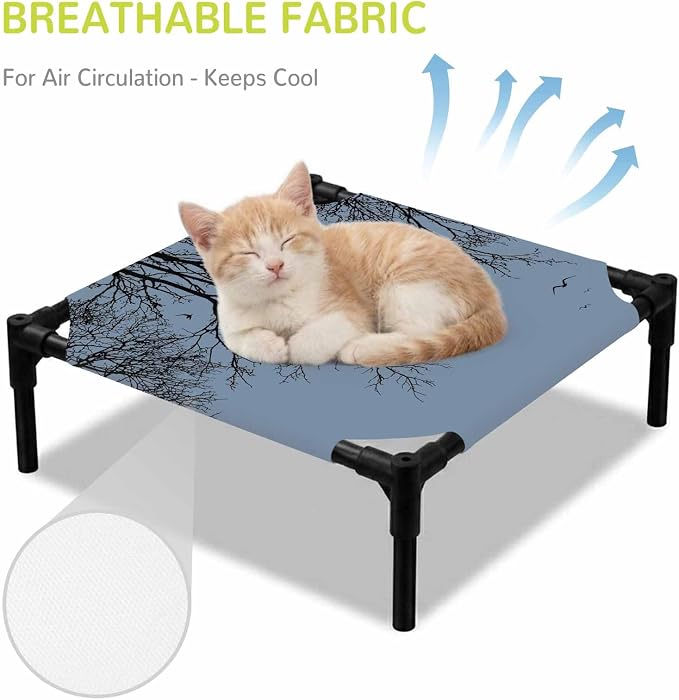Outdoor Elevated Dog Bed for Small Dogs, Blue Black Branches Breathable Cooling Raised Dog Cot for Indoor/Outdoor, Botanical Dead Tree Birds Waterproof Elevated Pet Beds, S 20 x 20 in