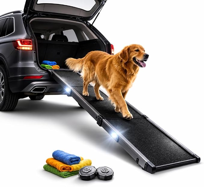 Dog Ramp for Car & SUV with Non-Slip Rug Surface – Lightweight & Foldable Pet Ramp for Dogs, Includes 4 Towels & 2 LED Lights, Safe for Cars, Trucks, Beds, Couches & Stairs