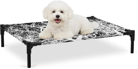 Outdoor Elevated Dog Bed for Medium Dogs, Modern Tree Branches Breathable Cooling Raised Dog Cot for Indoor/Outdoor, Contemporary Black Botanical Waterproof Elevated Pet Beds, M 24 x 20 in