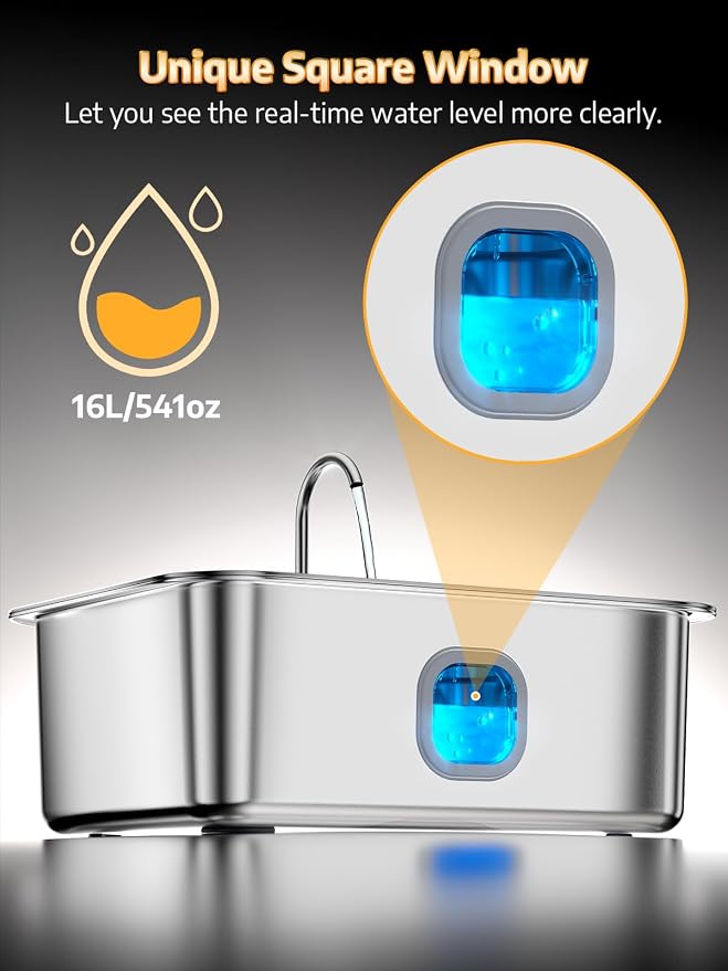 4.2Gal Dog Water Fountain for Large Dogs, 16L Stainless Steel Large Dog Fountain Water Bowl with Deeper & Wider Drinking Tray, Automatic Pet Water Dispenser with Visible Window (with Adjustable Stand)
